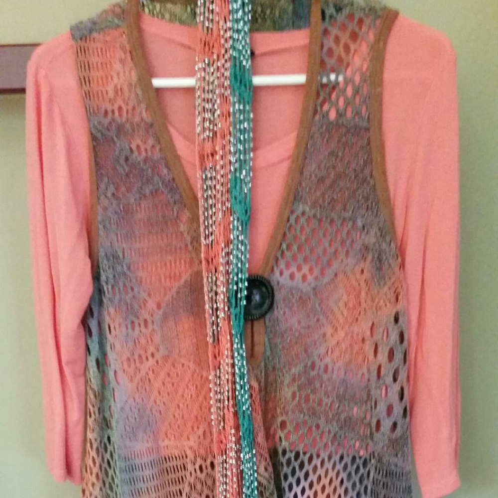 Peach and teal beach cover-up with peach tee